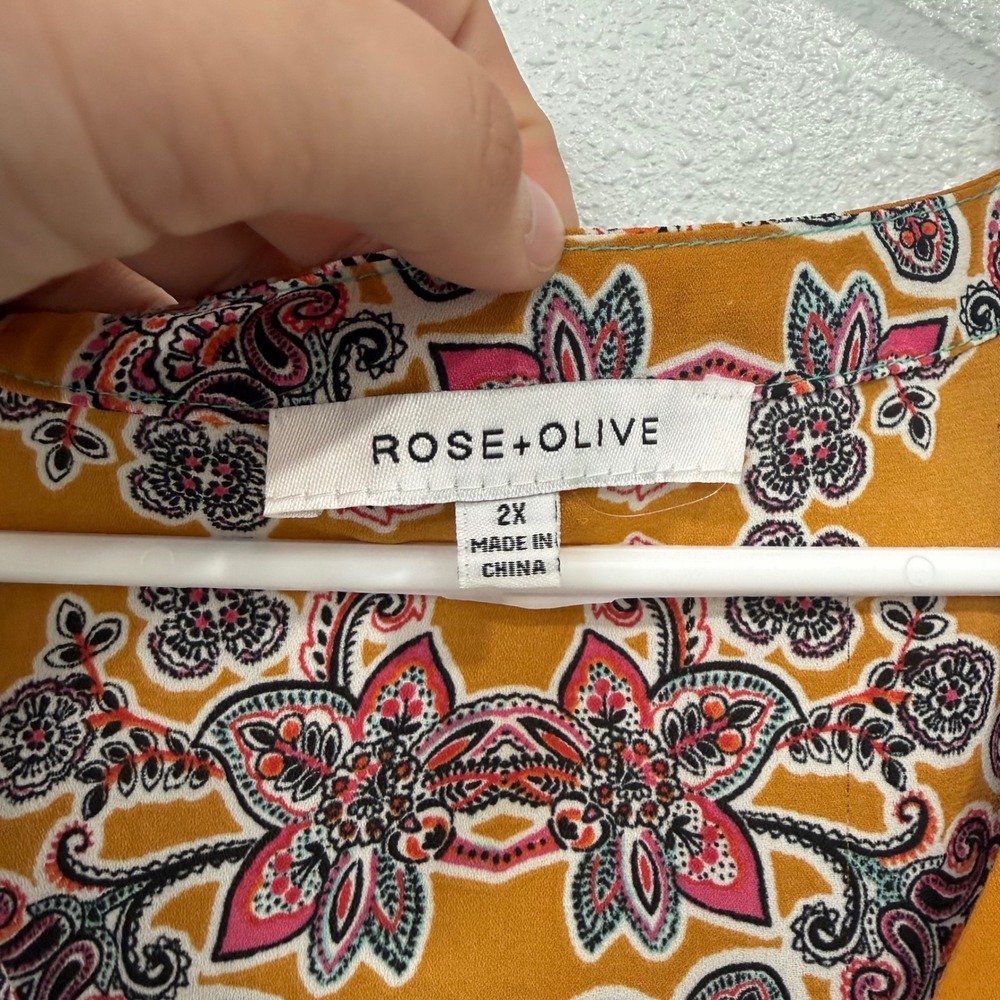 Rose + Olive Womens 2X Teal Orange Paisley Floral Boho Pintuck Blouse Top - Picture 3 of 8